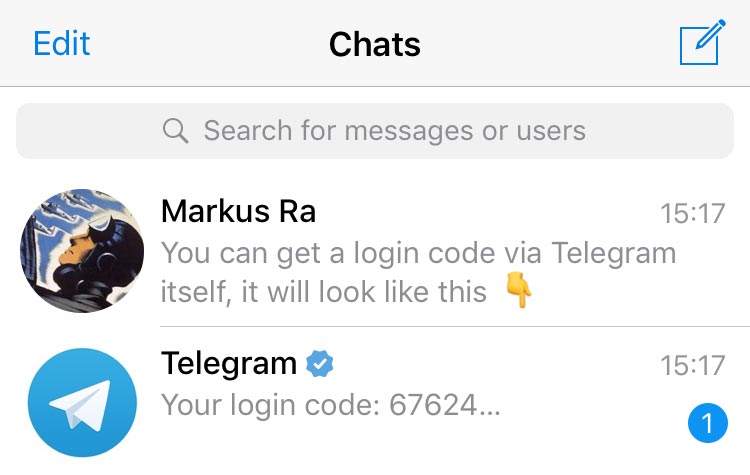 Chat de servicio de Telegram con el código de inicio de sesión recibido