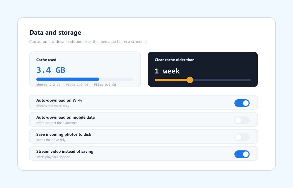 Ajustes de datos y almacenamiento en Telegram