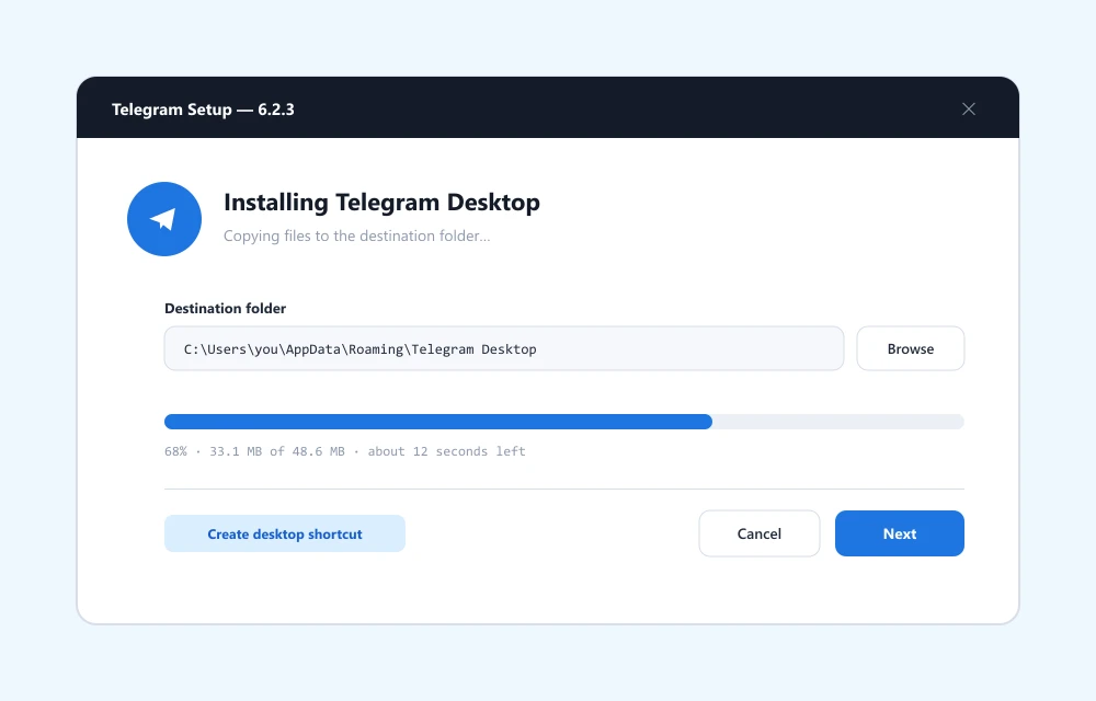 Asistente del instalador de Telegram para Windows