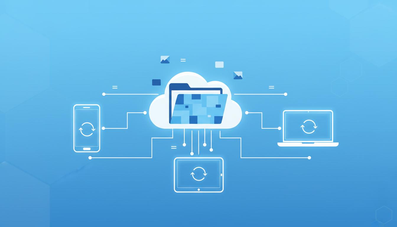 Ilustración de la nube de Telegram sincronizando archivos entre móvil, tableta y portátil