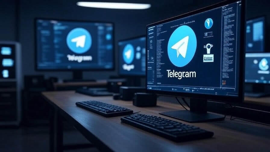 Puesto de trabajo con varios monitores mostrando Telegram y archivos compartidos